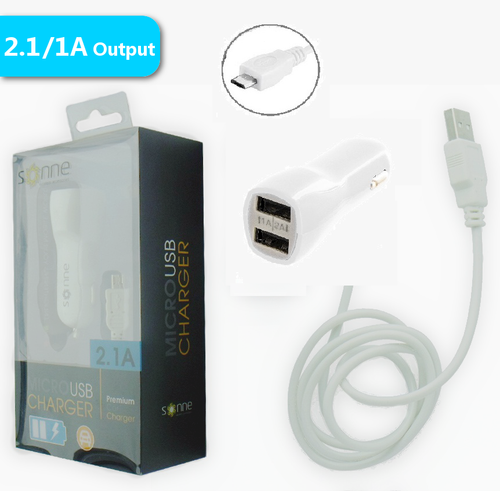 SONNE WIRELESS PREMIUM WHITE  CAR PLUG 2.1/1 Amp DUAL USB PORT WITH MICRO/V9 DATA CABLE