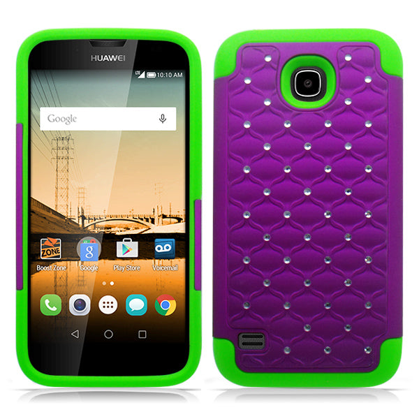 HUAWEI UNION/Y538 LIME GREEN/PURPLE ARMOR BUMPER SPOT BLING CASE