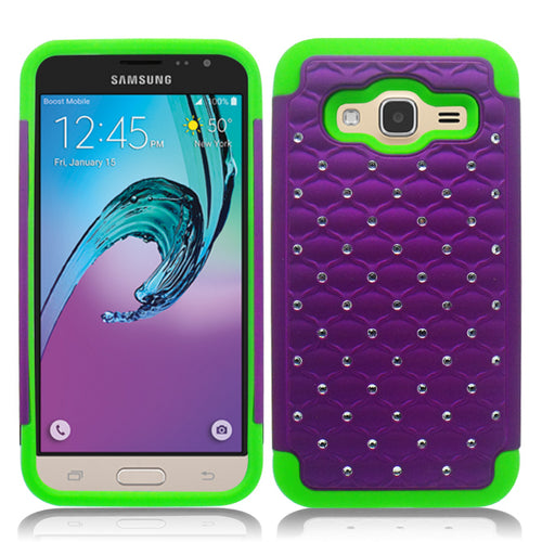 SAMSUNG GALAXY AMP PRIME/NOVA/J3 LIME GREEN/PURPLE ARMOR BUMPER SPOT BLING CASE