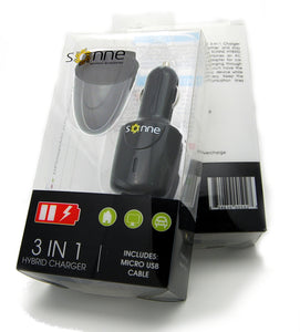 UNIVERSAL SONNE HYBRID 3 IN 1 CAR/WALL CHARGER (1.5 mAH) WITH MICRO DATA CABLE***IN RETAIL***