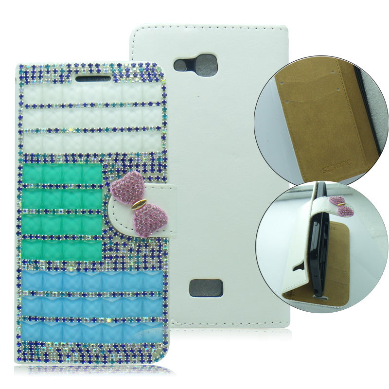 KYOCERA WAVE/C6740 3D BLING BABY BLUE LEATHER WALLET CASE