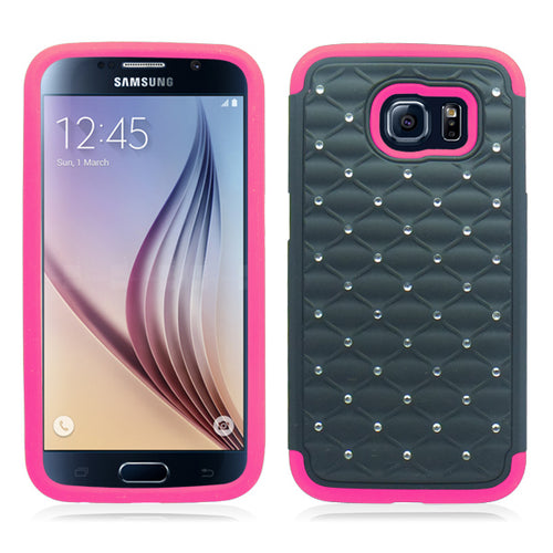 SAMSUNG GALAXY S6 G920 PINK BLACK ARMOR BUMPER SPOT BLING CASE