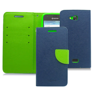 KYOCERA WAVE/C6740 LIME GREEN/BLUE LEATHER WALLET CASE