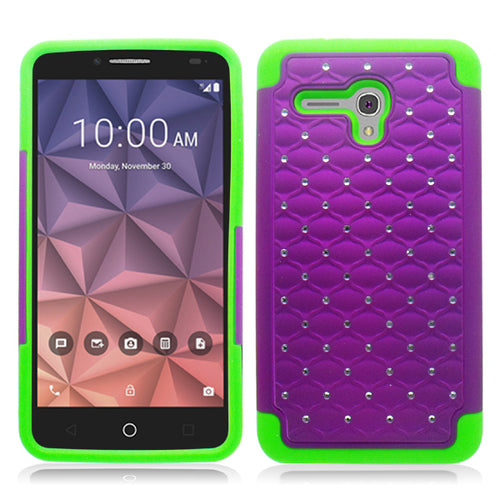 ALCATEL FIERCE XL/5054/FLINT GREEN/PURPLE ARMOR BUMPER SPOT BLING CASE