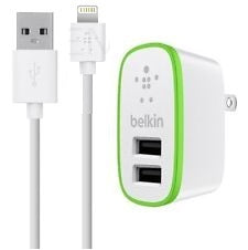 BELKIN WHITE MICRO DUAL USB (2.1/1Amp) WALL CHARGER WITH IPHONE 5S/6S DATA CABLE