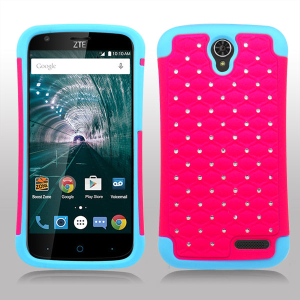 ZTE GRAND X3/Z959/WARP 7/N9519 BLUE/PINK ARMOR BUMPER SPOT BLING CASE