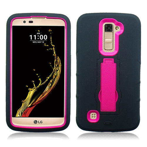 LG K10/AH2 BLACK ON PINK VERTICAL KICK STAND CASE