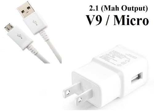 UNIVERSAL PREMIUM WHITE WALL PLUG 2.1 MAH USB PORT WITH MICRO/V9 DATA CABLE