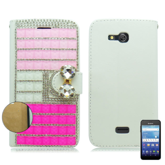 KYOCERA WAVE/C6740 3D BLING PINK LEATHER WALLET CASE