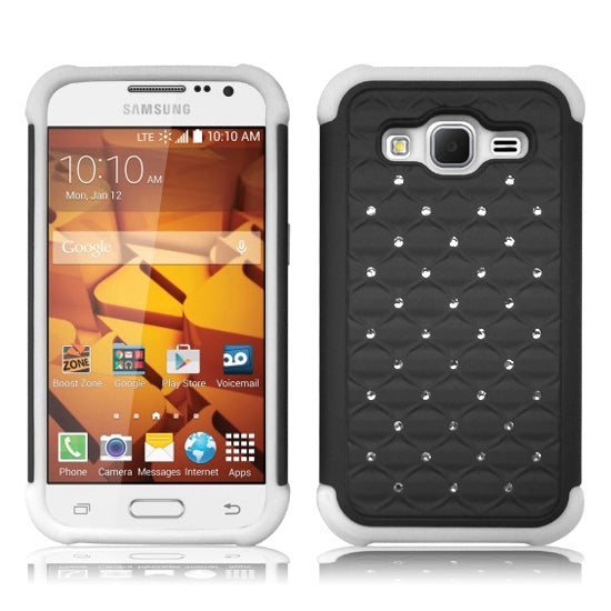 SAMSUNG GALAXY PREVAIL LTE/CORE PRIME/G360 WHITE/BLACK ARMOR BUMPER SPOT BLING CASE