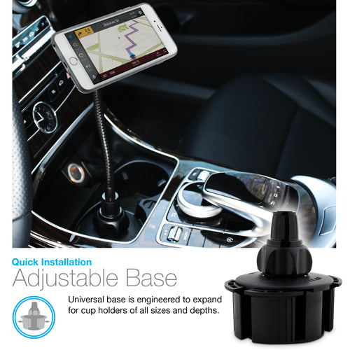 Universal magnetic phone mount with flexible gooseneck that attaches securely inside your vehicles cup holder.