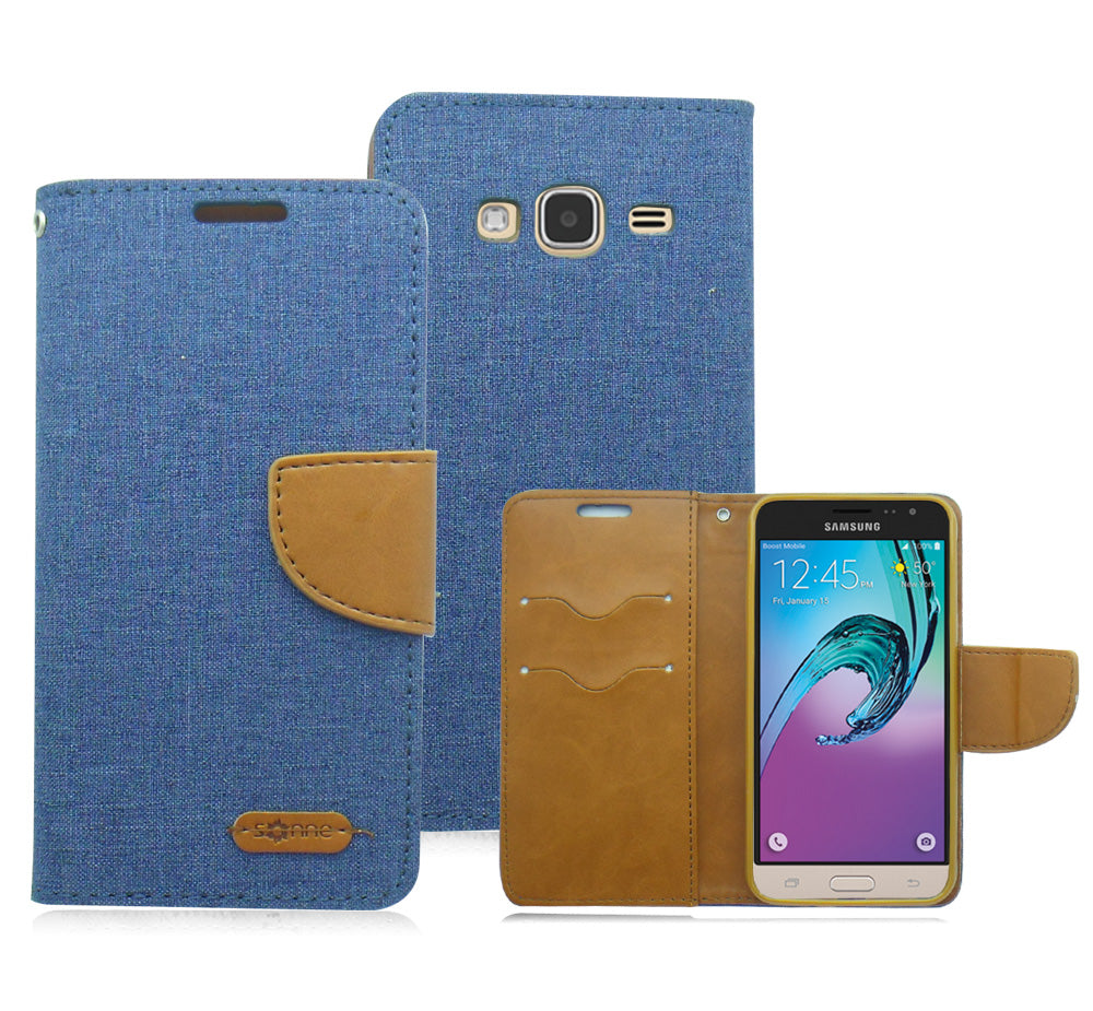 SAMSUNG GALAXY AMP PRIME/NOVA/J3 BLUE ON BROWN JEAN WALLET CASE