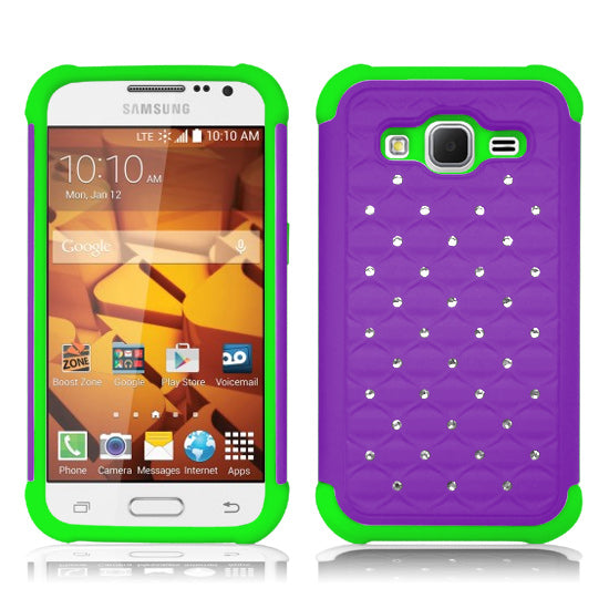 SAMSUNG GALAXY PREVAIL LTE/CORE PRIME/G360 LIME GREEN/PURPLE ARMOR BUMPER SPOT BLING CASE