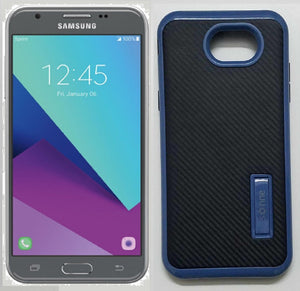 SAMSUNG GALAXY J3 EMERGE/J327/AMP PRIME 2 BLUE/BLACK WITH KICK STAND CARBON FIBER CASE