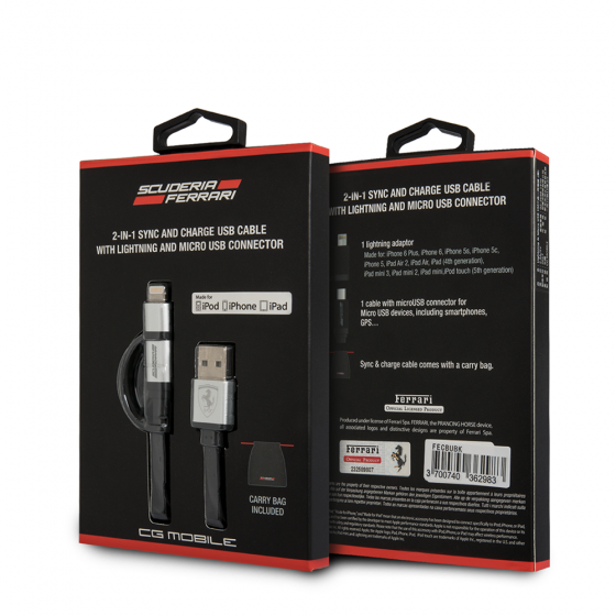 FERRARI Off Track CollectionFerrari 2 in 1 Black Charging Cable with MFI Lightning and USB cable