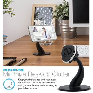 Magnetic phone mount that attaches conveniently to your desktop.