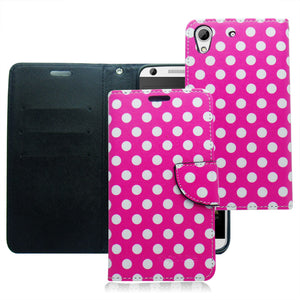 HTC DESIRE 626 PINK POLKA DOTS LEATHER WALLET CASE