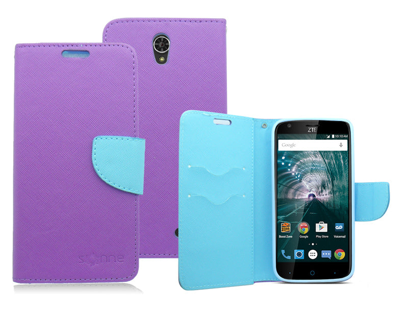 ZTE GRAND X3/Z959/WARP 7/N9519 LIGHT BLUE/PURPLE LEATHER WALLET CASE