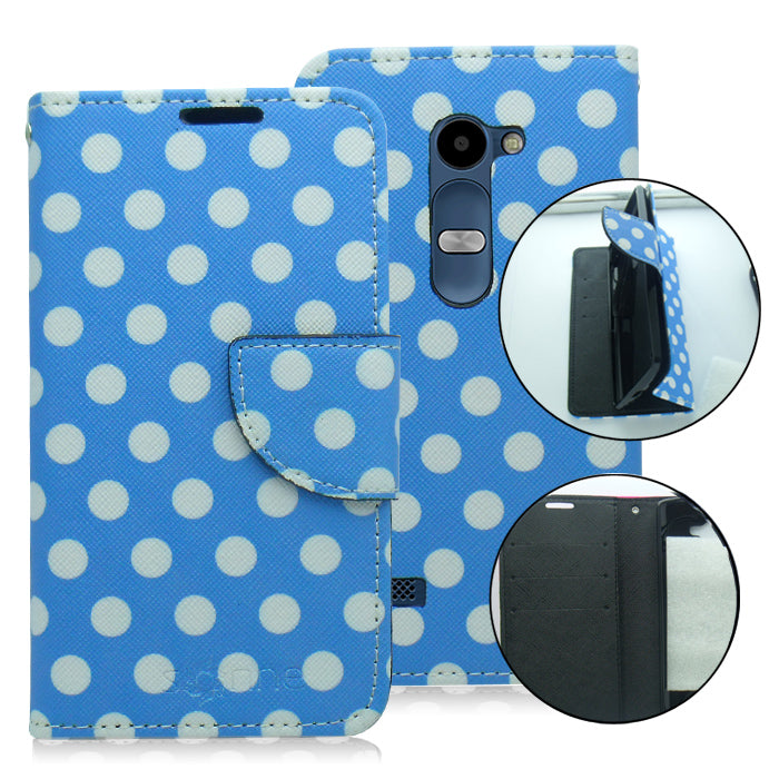 LG LEON/TRIBUTE 2/C40 BABY BLUE POLKA DOTS LEATHER WALLET CASE