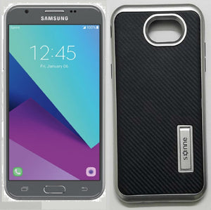 SAMSUNG GALAXY J3 EMERGE/J327/AMP PRIME 2 SILVER/BLACK WITH KICK STAND CARBON FIBER CASE