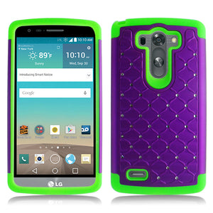 LG G3 LIME GREEN/PURPLE ARMOR BUMPER SPOT BLING CASE