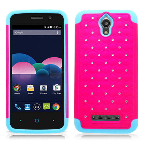 ZTE OBSIDIAN/Z820 BLUE/PINK ARMOR BUMPER SPOT BLING CASE