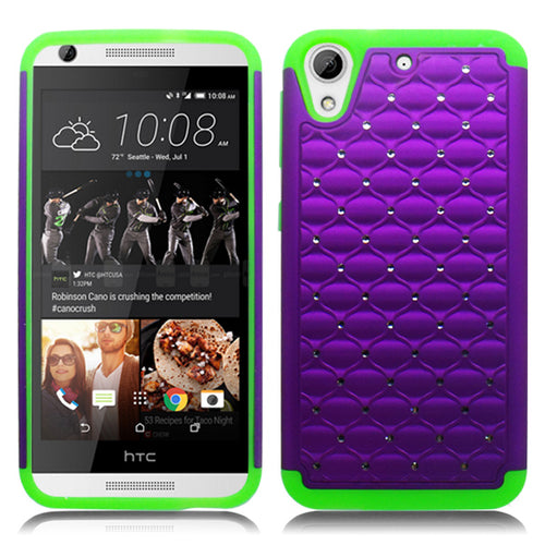 HTC DESIRE 626 LIME GREEN/PURPLE ARMOR BUMPER SPOT BLING CASE