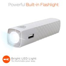 UNIVERSAL WHITE 2600 MAH BACK UP POWER BANK BATTERY (1 Amp Output) WITH BUILT IN FLASH LIGHT.