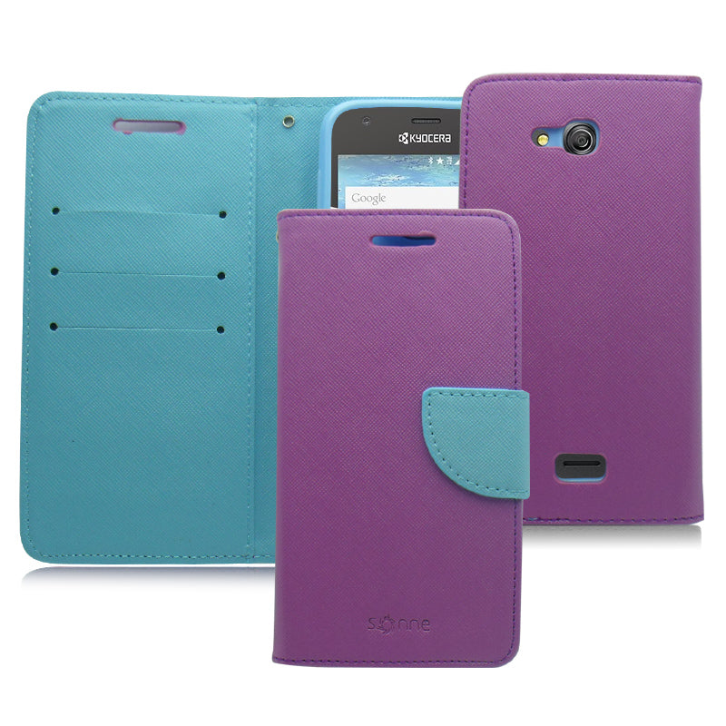 KYOCERA WAVE/C6740 LIGHT BLUE/PURPLE LEATHER WALLET CASE