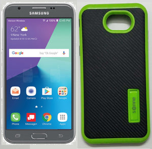 Samsung Galaxy Perx/ J727/ J7 Sky Pro/ J7-2017 Lime Green/Black With Kick Stand Carbon Fiber Case