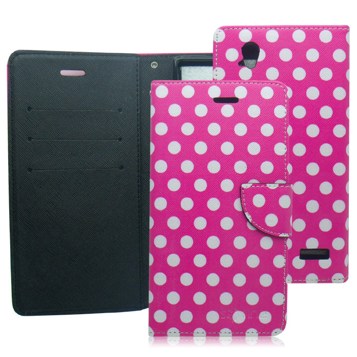 ZTE WARP ELITE/N9518 PINK POLKA DOTS LEATHER WALLET CASE