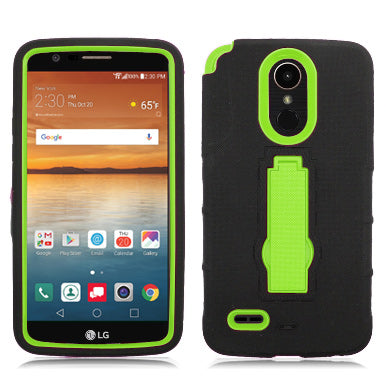 LG STYLO 3 / LS777 BLACK ON LIME GREEN VERTICAL RUGGED KICK STAND CASE