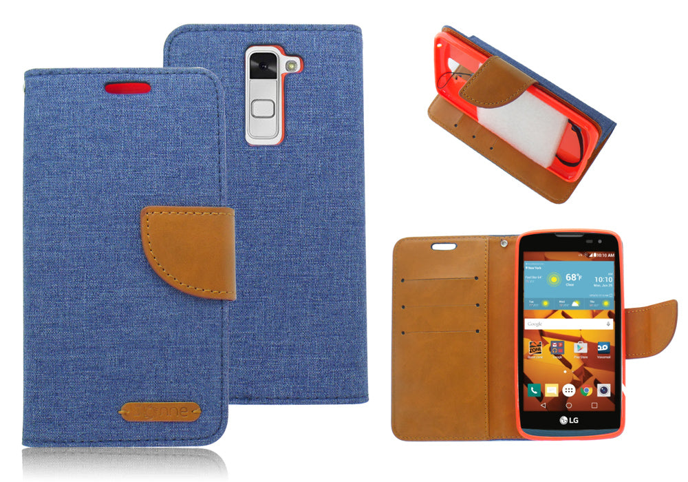 LG TRIBUTE 5/K7/ESCAPE 3 BLUE ON BROWN JEAN WALLET CASE