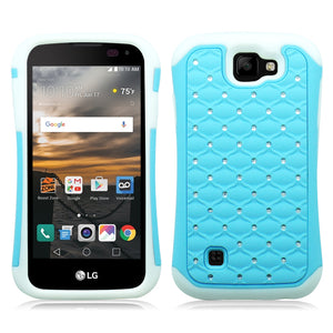 LG K3/LS450 WHITE/BABY BLUE ARMOR BUMPER SPOT BLING CASE