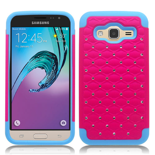 SAMSUNG GALAXY AMP PRIME/NOVA/J3 BLUE/PINK ARMOR BUMPER SPOT BLING CASE