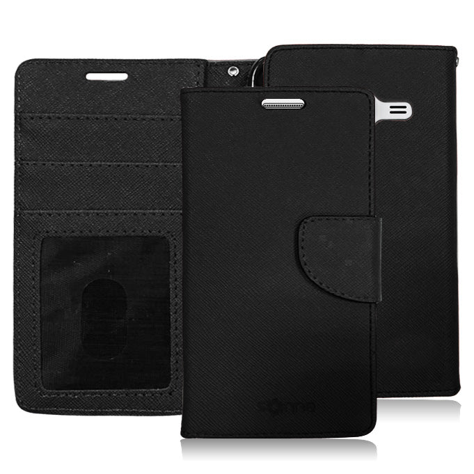 SAMSUNG GALAXY PREVAIL LTE CORE PRIME G360 BLACK LEATHER WALLET CASE