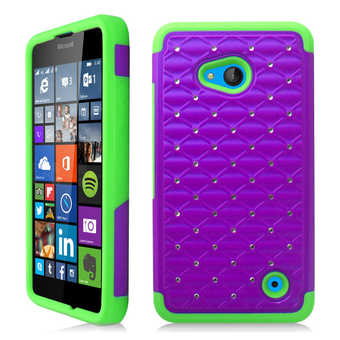 NOKIA LUMIA 640 LIME GREEN/PURPLE ARMOR BUMPER SPOT BLING CASE