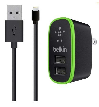 BELKIN BLACK MICRO DUAL USB (2.1/1Amp) WALL CHARGER WITH IPHONE 5S/6S DATA CABLE