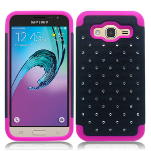 SAMSUNG GALAXY AMP PRIME/NOVA/J3 PINK/BLACK ARMOR BUMPER SPOT BLING CASE