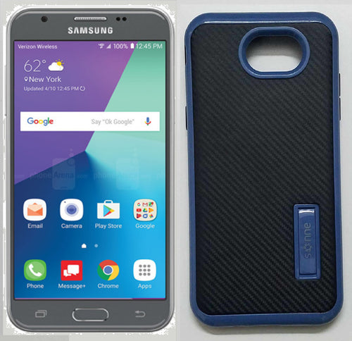 Samsung Galaxy Perx/ J727/ J7 Sky Pro/ J7-2017 Blue/Black With Kick Stand Carbon Fiber Case