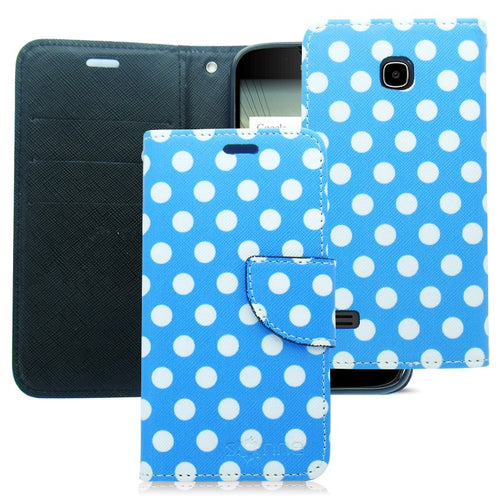 HUAWEI UNION/Y538 BLUE POLKA DOTS LEATHER WALLET CASE