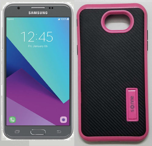 SAMSUNG GALAXY J3 EMERGE/J327/AMP PRIME 2 PINK/BLACK WITH KICK STAND CARBON FIBER CASE