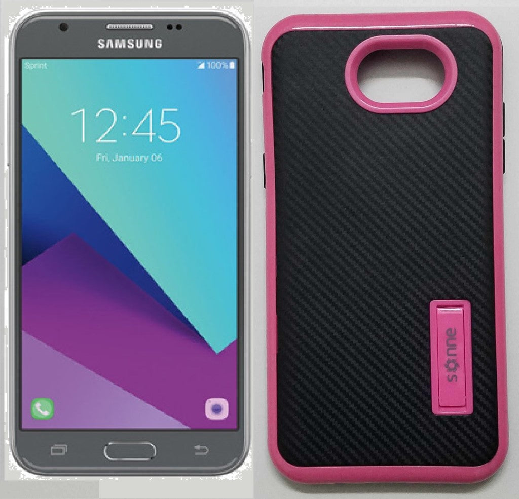 SAMSUNG GALAXY J3 EMERGE/J327/AMP PRIME 2 PINK/BLACK WITH KICK STAND CARBON FIBER CASE