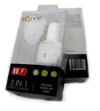 UNIVERSAL WHITE SONNE HYBRID 3 IN 1 CAR/WALL CHARGER (1.5 mAH) WITH MICRO DATA CABLE***IN RETAIL***