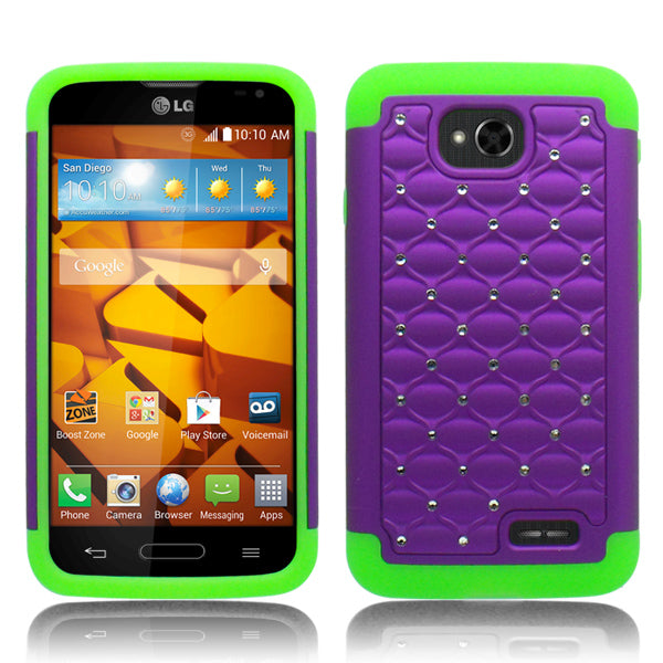 LG OPTIMUS L70/LS620 LIME GREEN/PURPLE ARMOR BUMPER SPOT BLING CASE