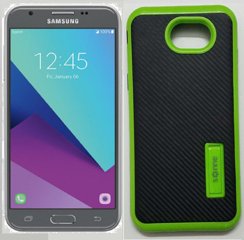 SAMSUNG GALAXY J3 EMERGE/J327/AMP PRIME 2 LIME GREEN/BLACK WITH KICK STAND CARBON FIBER CASE