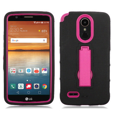 LG STYLO 3 / LS777 BLACK ON PINK VERTICAL RUGGED KICK STAND CASE