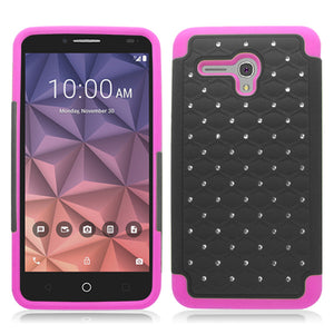 ALCATEL FIERCE XL/5054/FLINT PINK/BLACK ARMOR BUMPER SPOT BLING CASE