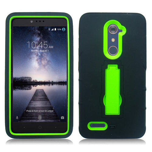 ZTE ZMAX PRO/Z981/GRAND X MAX 2/Z988 BLACK ON LIME GREEN VERTICAL KICK STAND CASE