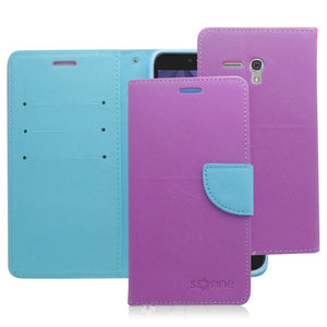 ALCATEL FIERCE XL/5054/FLINT LIGHT BLUE/PURPLE LEATHER WALLET CASE